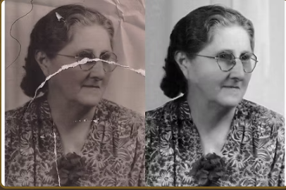 Foto rasgada de senhora com óculos restaurada, antes e depois