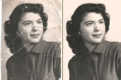 Retrato antigo trincado restaurado, antes e depois
