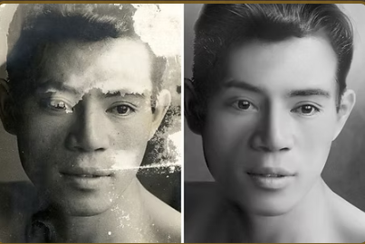 Foto danificada de homem restaurada, antes e depois