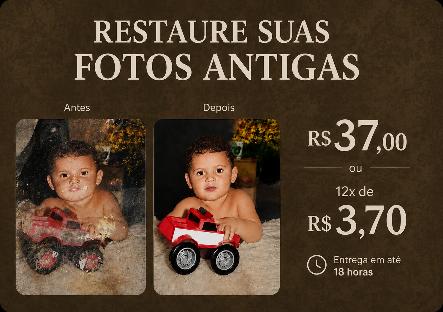 Antes e depois de foto antiga restaurada, por apenas R$ 37 ou 12x de R$ 3,70