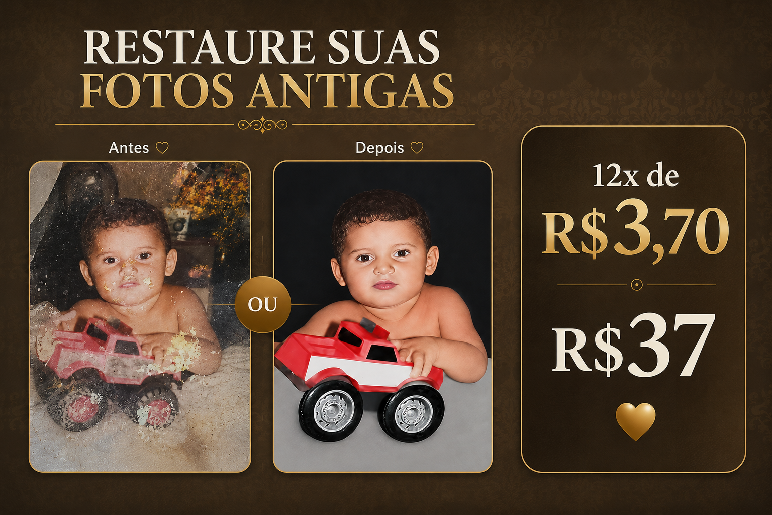 Antes e depois de foto antiga restaurada, por apenas R$ 37 ou 12x de R$ 3,70